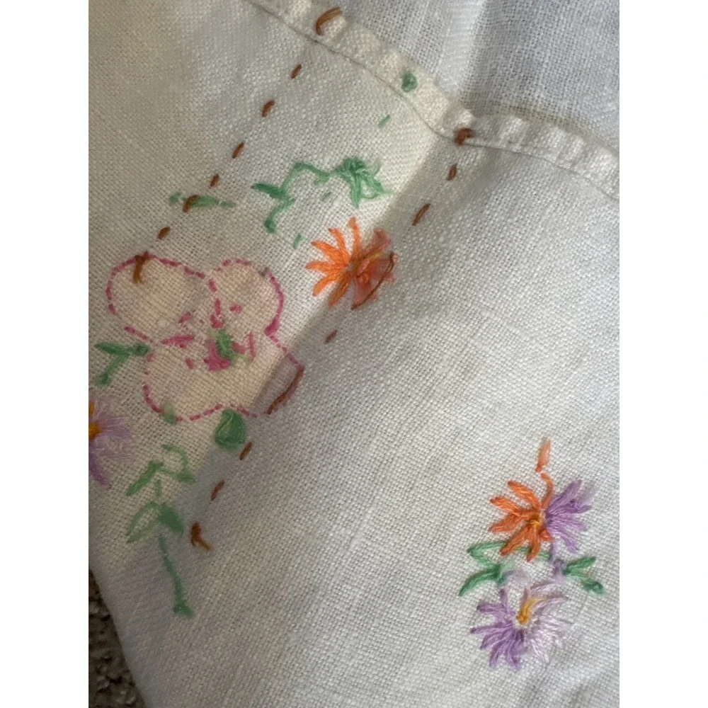 Vintage Hand Embroidered White Linen Floral Tablecloth 31x28 Cottagecore